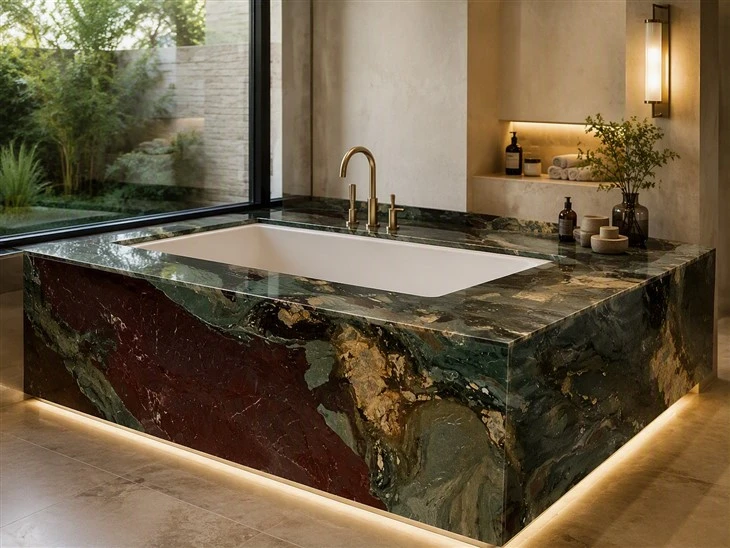 Four Season Green Marble built-in bathtub deck with mitered apron panels and brass fixtures in a luxury primary bathroom