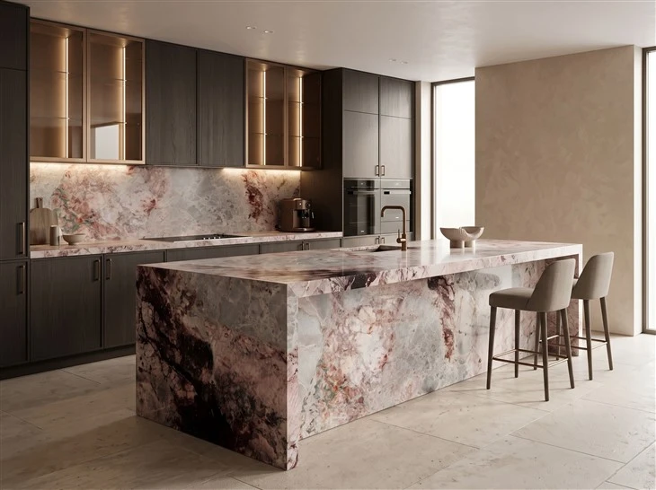 Four Season Pink Marble kitchen countertop, full-height backsplash and waterfall island with dark wood cabinetry in a luxury custom home