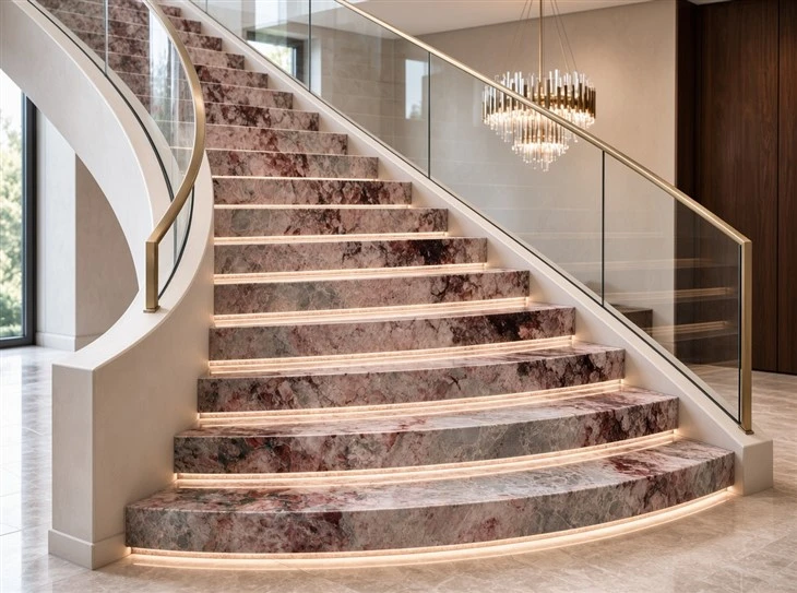 Four Season Pink Marble interior staircase with illuminated treads, glass balustrades and brass handrails in a luxury custom home