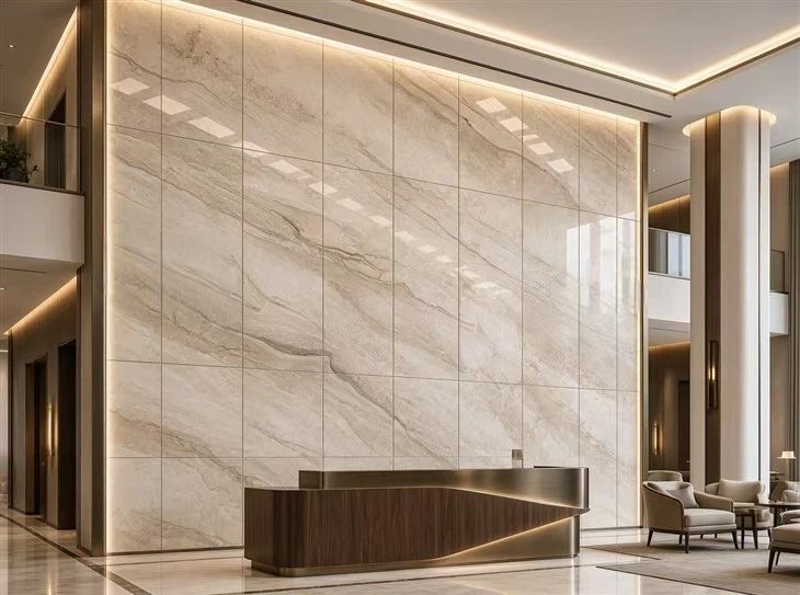 Daino Beige Marble wall tiles with visible joints forming a full-height feature wall in a luxury hotel lobby