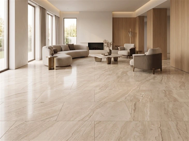 Daino Beige Marble floor tiles with visible grout joints in a spacious luxury custom home living room
